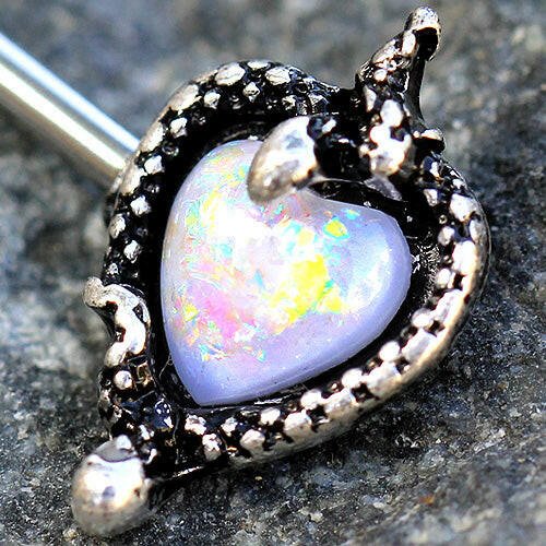 Stainless Steel Synthetic Opal Heart with Snake Nipple Bar - Impulse Piercings