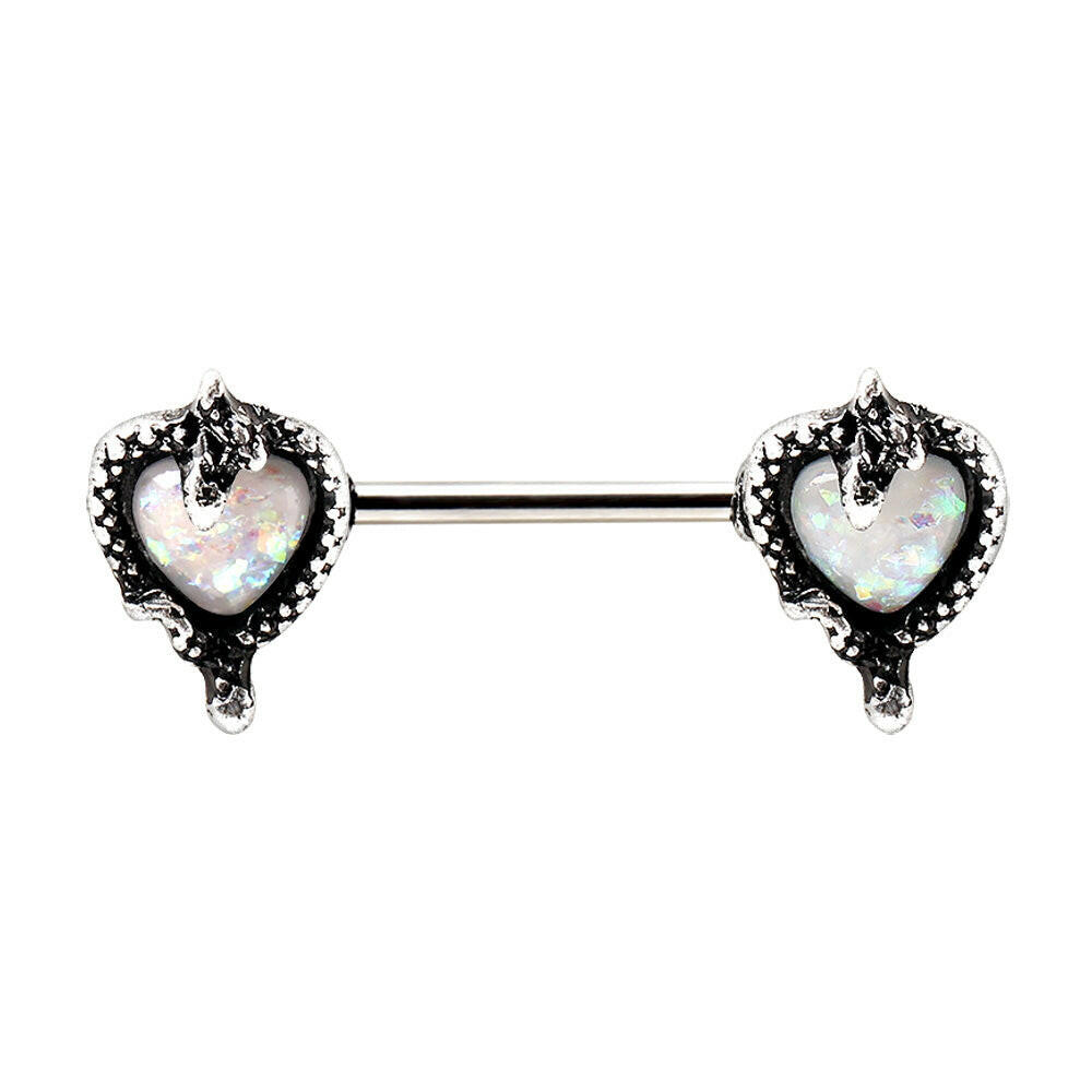 Stainless Steel Synthetic Opal Heart with Snake Nipple Bar.