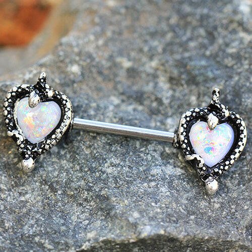 Stainless Steel Synthetic Opal Heart with Snake Nipple Bar - Impulse Piercings