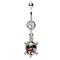 Stainless Steel Teal Abalone Inlay Turtle Dangle Navel Ring.