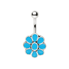 Stainless Steel Teal Blue Flower Navel Ring.