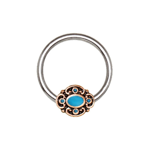 Stainless Steel Teal Ornate Bead Snap-in Captive Bead Ring / Septum Ring.