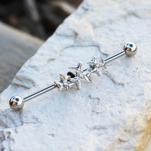 Stainless Steel Triple Jeweled Flower Industrial Barbell