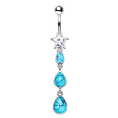 Stainless Steel Triple Teardrop Turquoise Dangle Navel Ring.