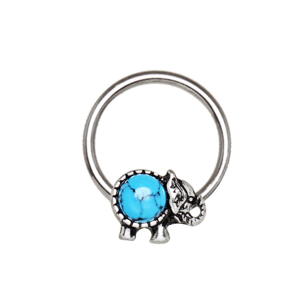 Stainless Steel Turquoise Elephant Snap-in Captive Bead Ring / Septum Ring.