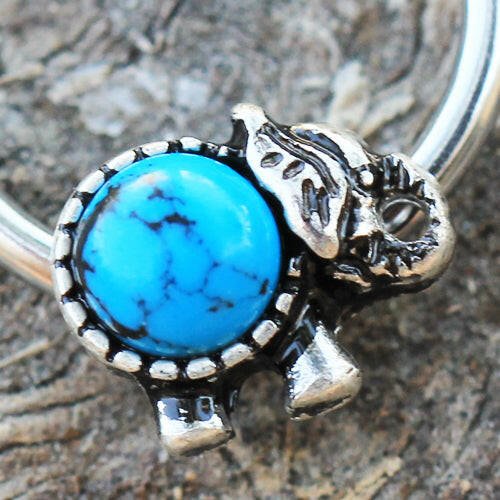 Stainless Steel Turquoise Elephant Snap-in Captive Bead Ring / Septum Ring - Impulse Piercings