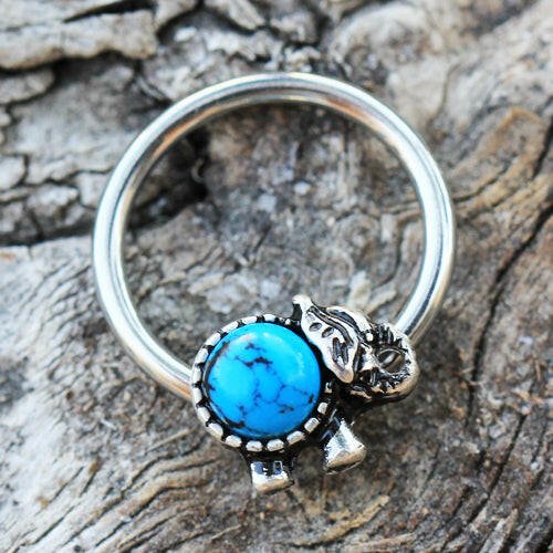 Stainless Steel Turquoise Elephant Snap-in Captive Bead Ring / Septum Ring - Impulse Piercings