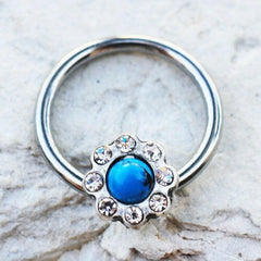 Stainless Steel Turquoise Flower Snap-in Captive Bead Ring - Impulse Piercings