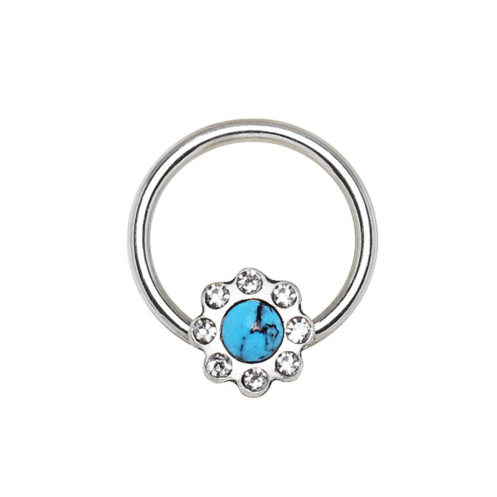 Stainless Steel Turquoise Flower Snap-in Captive Bead Ring.