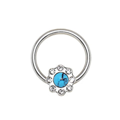 Stainless Steel Turquoise Flower Snap-in Captive Bead Ring.