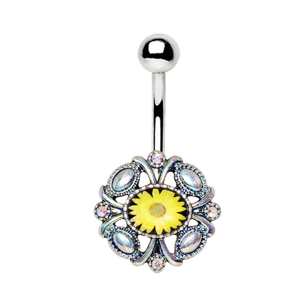 Stainless Steel Victorian Yellow Daisy Navel Ring.