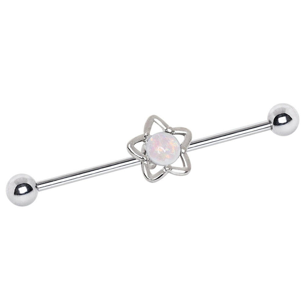 Stainless Steel White Opal Star Industrial Barbell.