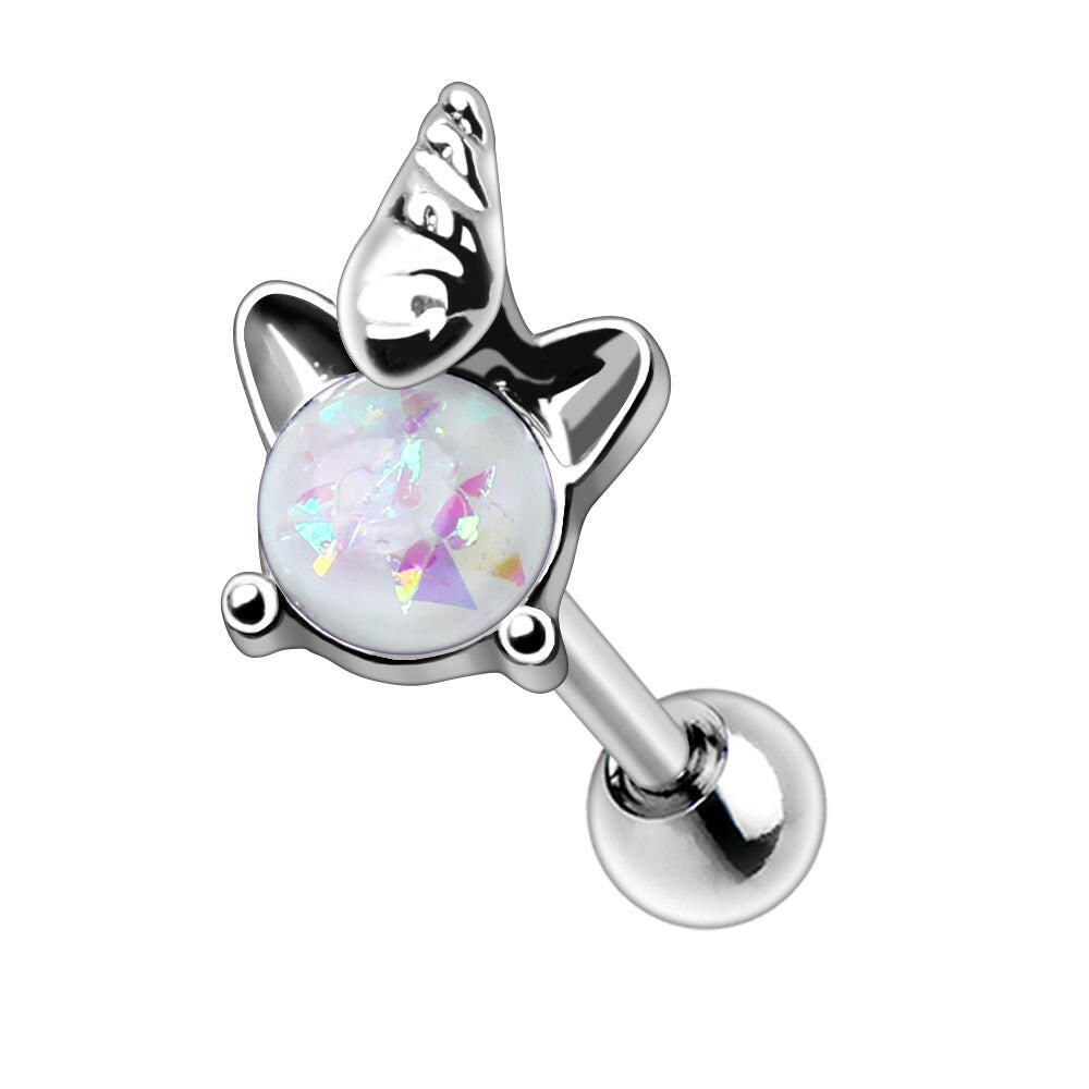 Stainless Steel White Synthetic Opal Unicorn Cartilage Earring.