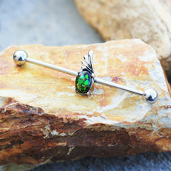 Stainless Steel Winged Green Synthetic Opal Industrial Barbell.