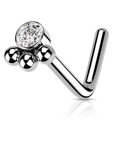 Surgical Steel 3 Beaded Ball Cluster with CZ Center L Shaped Nose Ring - Impulse Piercings