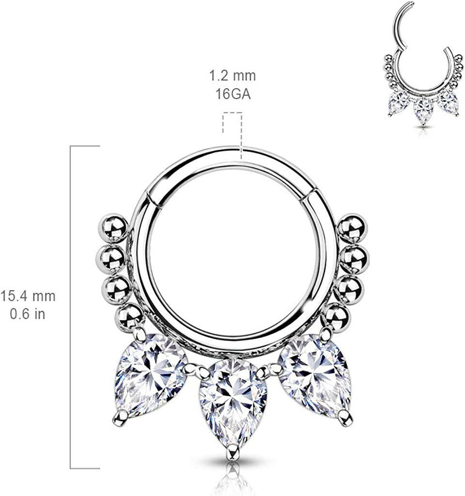 Surgical Steel 3 CZ and beads Hinged Segment Hoop Ring - Impulse Piercings