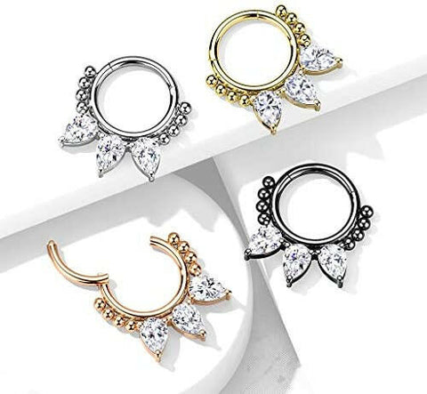 Surgical Steel 3 CZ and beads Hinged Segment Hoop Ring - Impulse Piercings