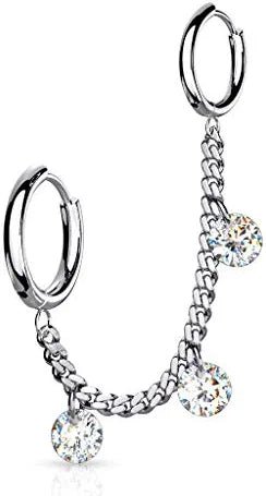 Surgical Steel 3 CZ Dangles Chain Linked Round Clicker Ear Hoops - Impulse Piercings