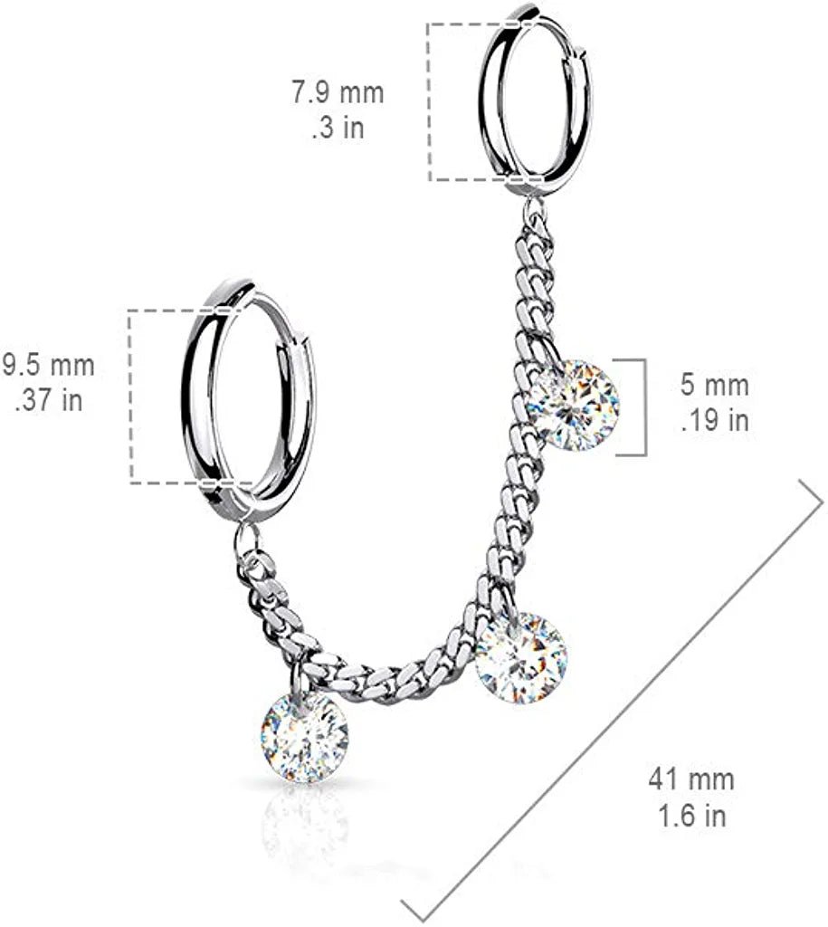 Surgical Steel 3 CZ Dangles Chain Linked Round Clicker Ear Hoops - Impulse Piercings