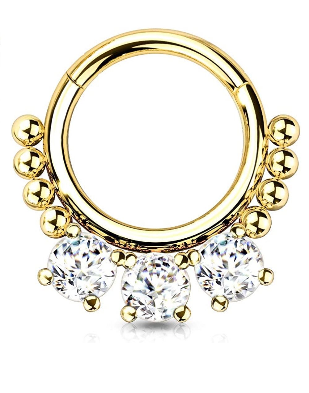 Surgical Steel 3 Round CZ and beads Hinged Segment Hoop Ring - Impulse Piercings