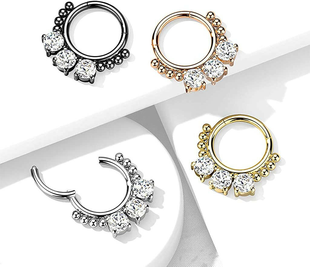 Surgical Steel 3 Round CZ and beads Hinged Segment Hoop Ring - Impulse Piercings