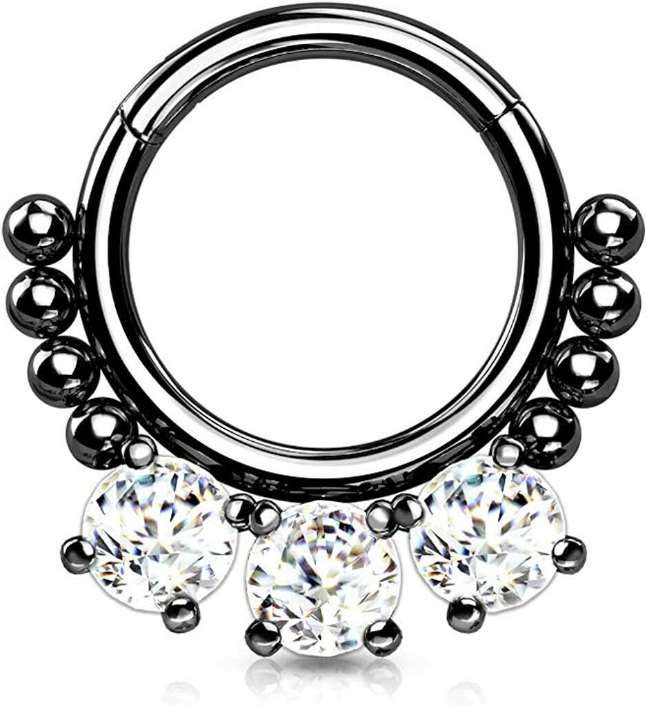 Surgical Steel 3 Round CZ and beads Hinged Segment Hoop Ring - Impulse Piercings