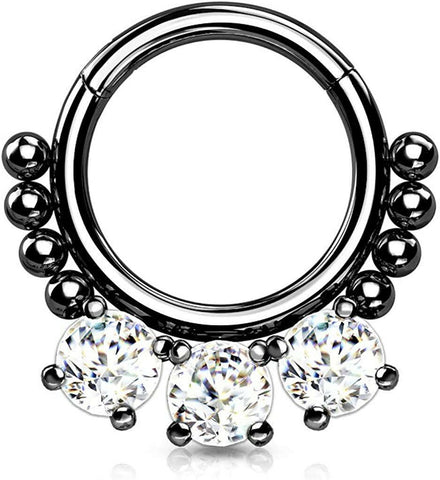 Surgical Steel 3 Round CZ and beads Hinged Segment Hoop Ring - Impulse Piercings