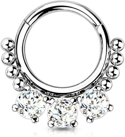 Surgical Steel 3 Round CZ and beads Hinged Segment Hoop Ring - Impulse Piercings