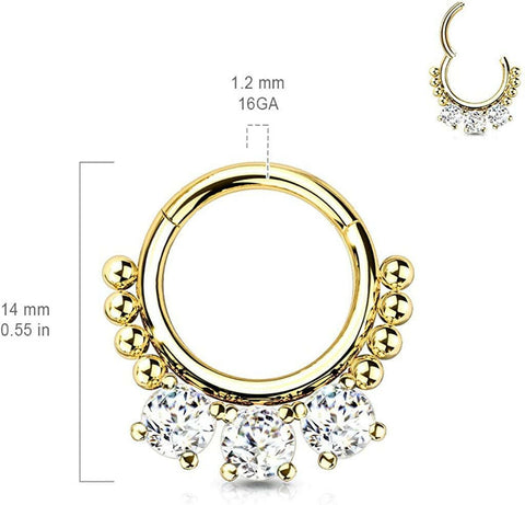 Surgical Steel 3 Round CZ and beads Hinged Segment Hoop Ring - Impulse Piercings