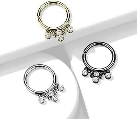 Surgical Steel 4 Round CZ Flat Balls and Clustered Beads Bendable Hoop Ring - Impulse Piercings