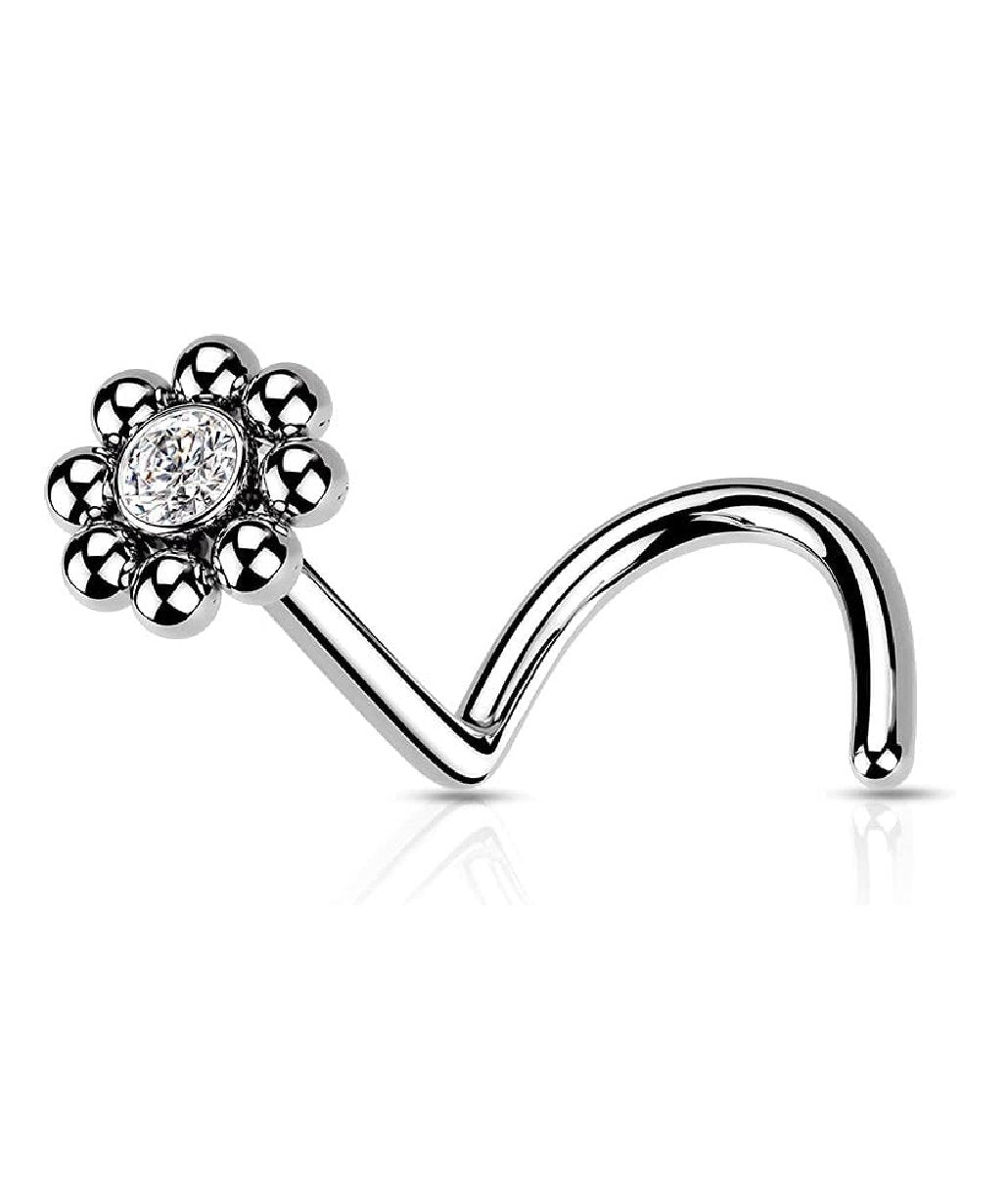 Surgical Steel Beaded Ball Edge with CZ Center Top Nose Screw Rings - Impulse Piercings