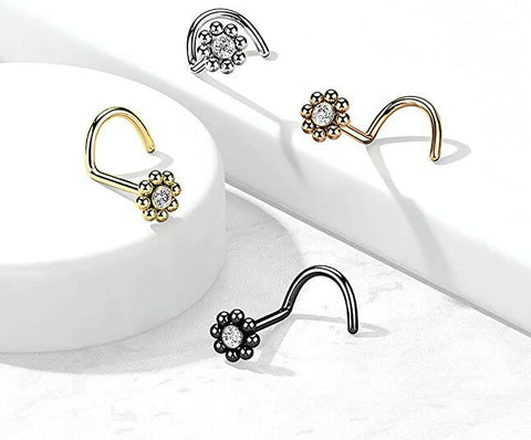 Surgical Steel Beaded Ball Edge with CZ Center Top Nose Screw Rings - Impulse Piercings