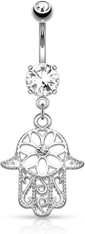 Surgical Steel Beaded Outline Hamsa with Center CZ Dangle Belly Navel Ring.