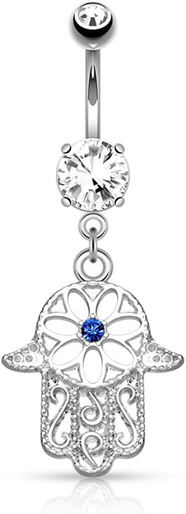 Surgical Steel Beaded Outline Hamsa with Center CZ Dangle Belly Navel Ring.