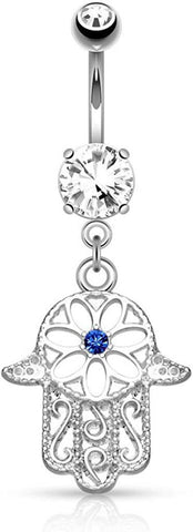 Surgical Steel Beaded Outline Hamsa with Center CZ Dangle Belly Navel Ring.