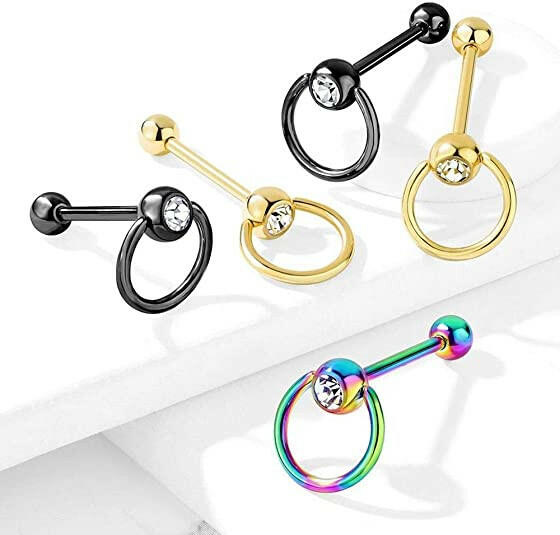 Surgical Steel Clear Gem with Slave Ring PVD over Barbell Tongue Rings - Impulse Piercings