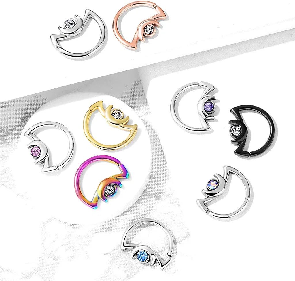 Surgical Steel Crescent Moon with Crystal on Crescent Moon Shape Ear Cartilage Daith Hoop Rings - Impulse Piercings