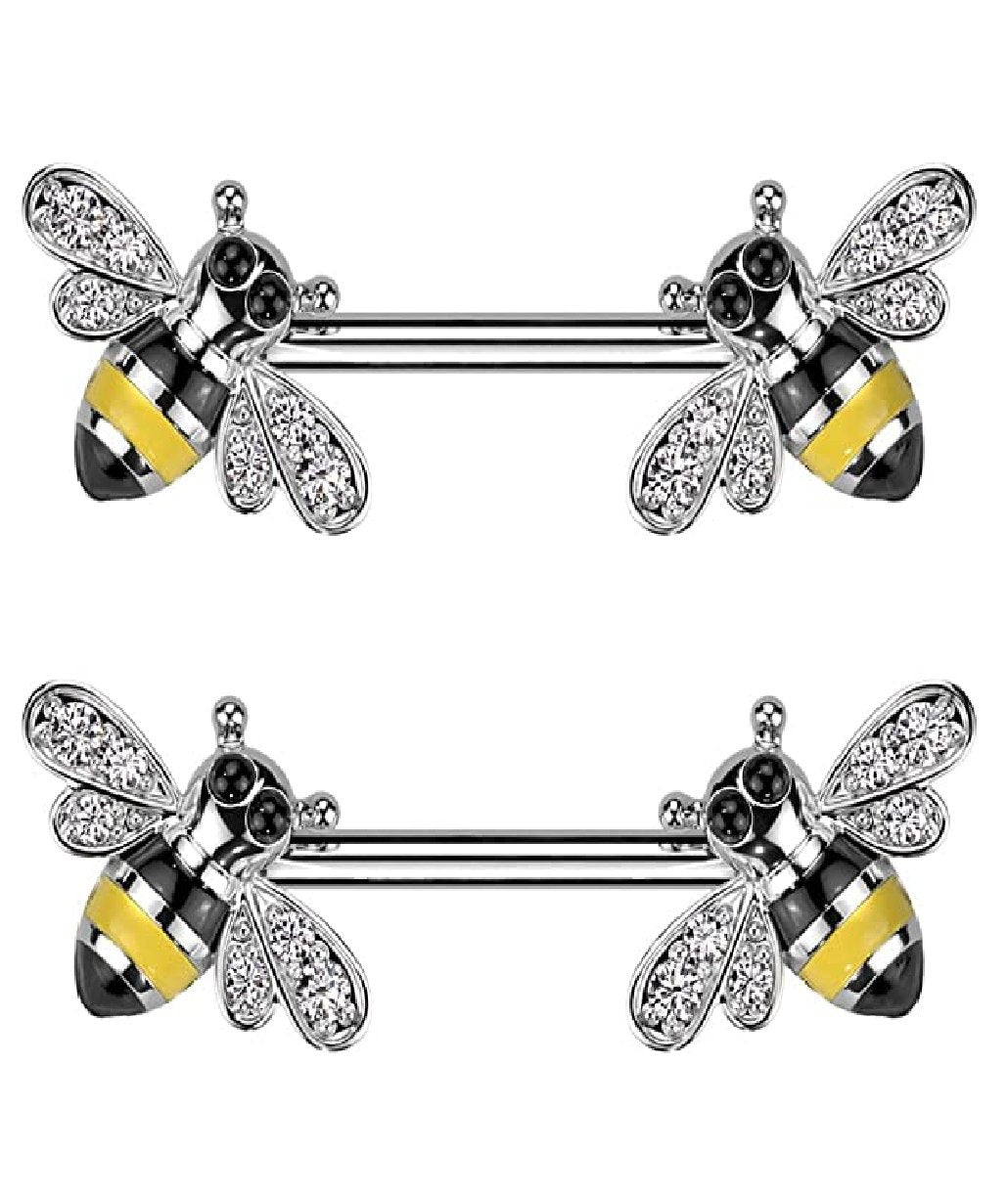 Surgical Steel CZ Bee End Nipple Barbell Rings - Impulse Piercings