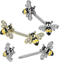 Surgical Steel CZ Bee End Nipple Barbell Rings - Impulse Piercings