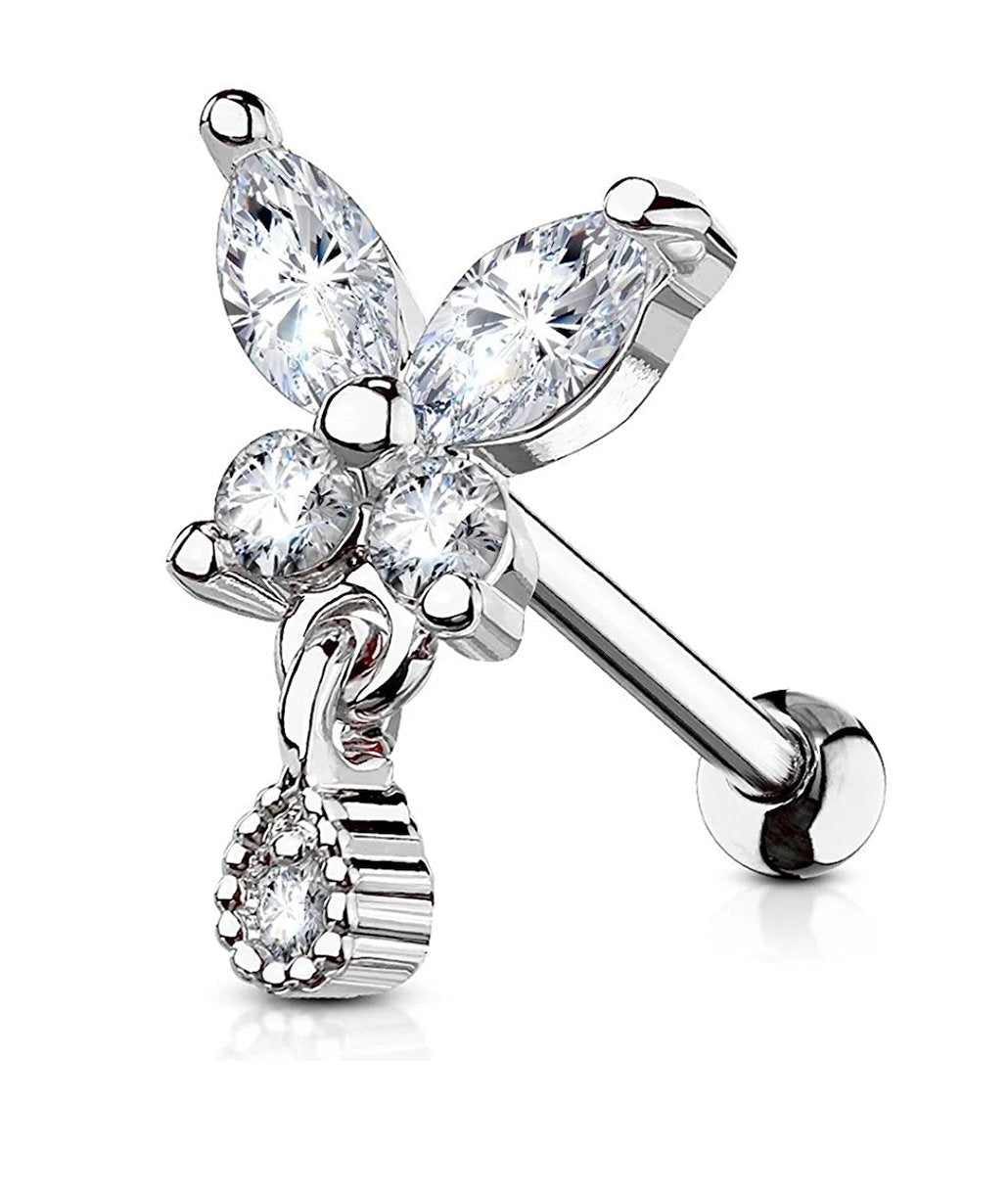 Surgical Steel CZ Butterfly with tear Drop Dangle Ear Cartilage Tragus Barbell Studs - Impulse Piercings