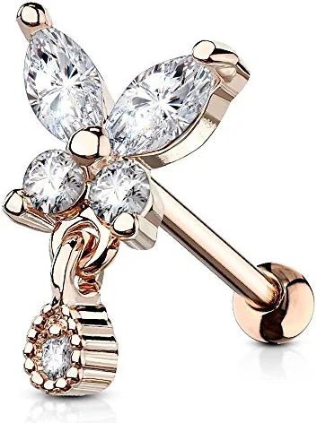 Surgical Steel CZ Butterfly with tear Drop Dangle Ear Cartilage Tragus Barbell Studs - Impulse Piercings