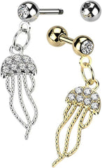 Surgical Steel CZ Pave Jellyfish Dangle Cartilage and Tragus Barbell.