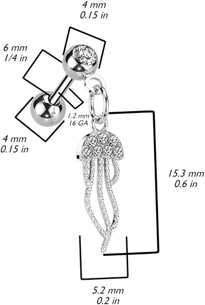 Surgical Steel CZ Pave Jellyfish Dangle Cartilage and Tragus Barbell.