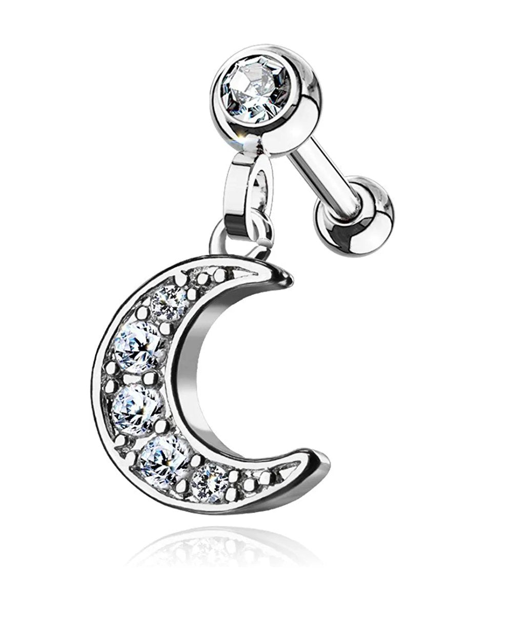 Surgical Steel CZ Paved Crescent Dangle Jeweled Ball Ear Cartilage Tragus Barbell Stud - Impulse Piercings