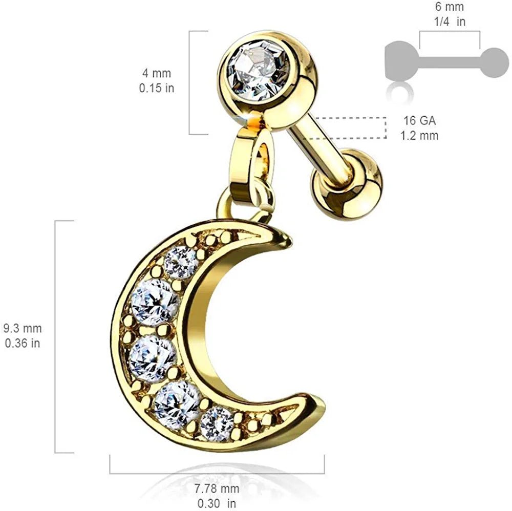 Surgical Steel CZ Paved Crescent Dangle Jeweled Ball Ear Cartilage Tragus Barbell Stud - Impulse Piercings