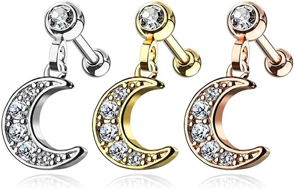 Surgical Steel CZ Paved Crescent Dangle Jeweled Ball Ear Cartilage Tragus Barbell Stud - Impulse Piercings