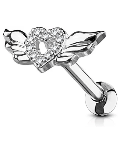 Surgical Steel CZ Paved Heart with Wings Ear Cartilage Tragus Barbell Studs - Impulse Piercings