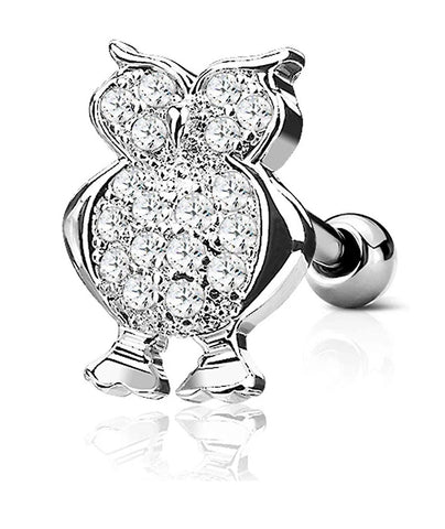 Surgical Steel CZ Paved Owl Top Ear Cartilage Tragus Barbell Studs - Impulse Piercings