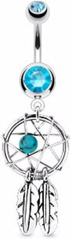 Surgical Steel Dream Catcher Woven Star Design with Bead and Feathers Fancy  Belly Navel Ring.