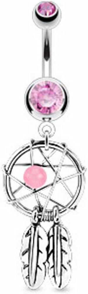 Surgical Steel Dream Catcher Woven Star Design with Bead and Feathers Fancy  Belly Navel Ring.